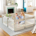 Beige baby playpen with transparent mesh panels, padded play floor with pastel balls