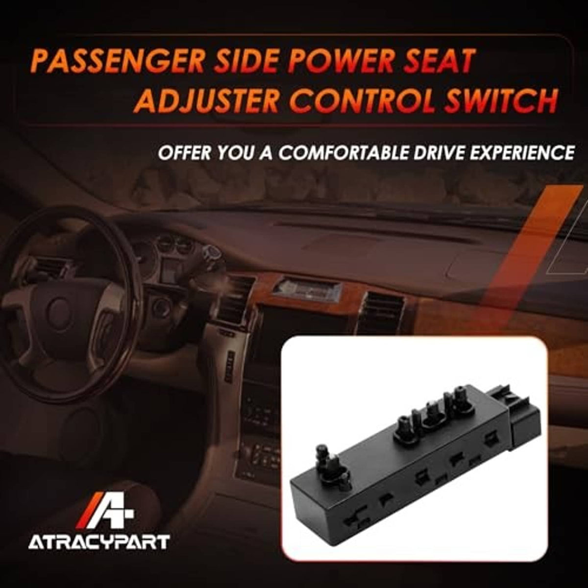 Black passenger power seat control switch in a white box, knob buttons and connector visible