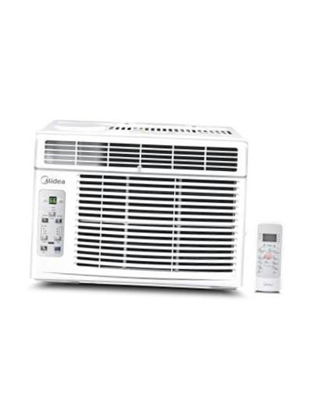 White front view window air conditioner with control panel and included remote on stand.
