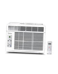 White front view window air conditioner with control panel and included remote on stand.