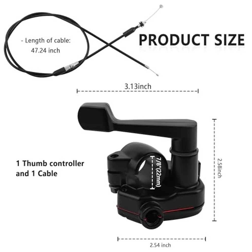 Thumb throttle controller with black lever and throttle cable, with size markings shown