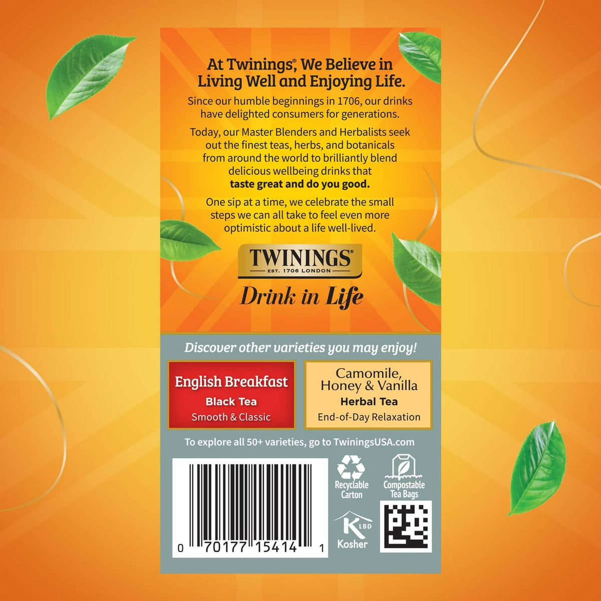 Twinings Prince of Wales tea bag box back with varieties and serving info