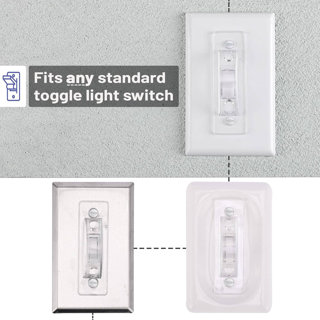 Clear toggle light switch guard cover on a white wall plate with transparent shield