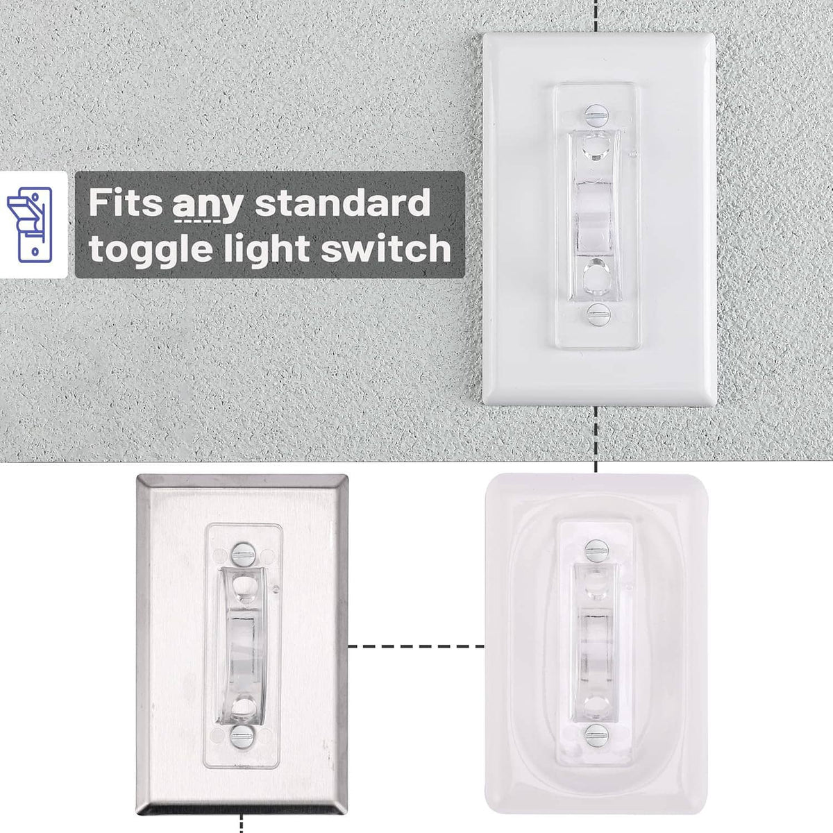 Clear toggle light switch guard cover on a white wall plate with transparent shield