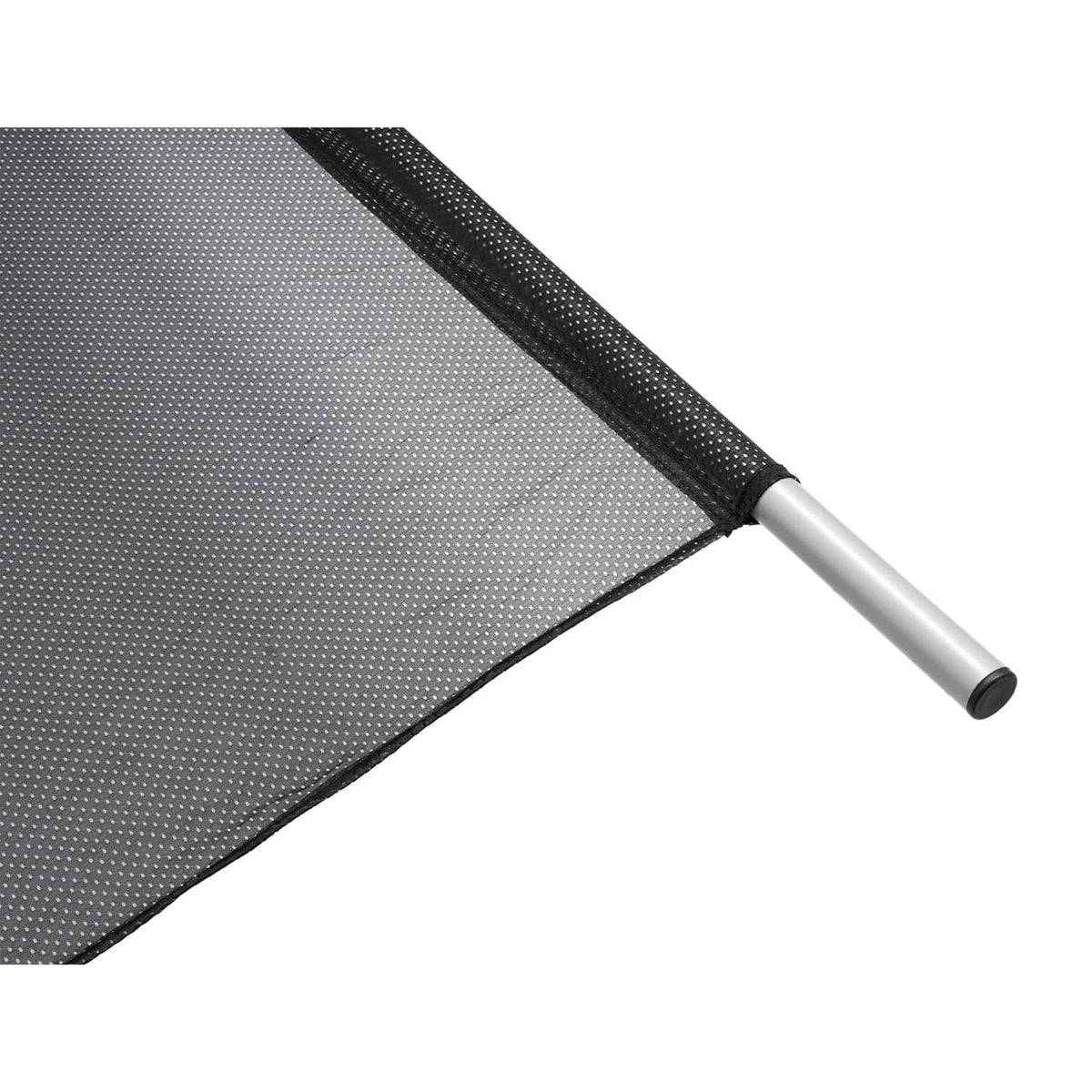 Close-up of dark gray mesh fabric with textured edge and silver aluminum pole