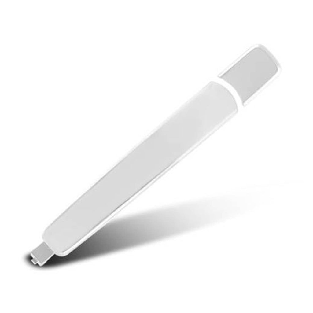 Exterior door handle with chrome-like finish, curved bar and rectangular end cap