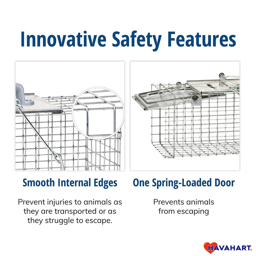 Havahart live trap safety features with smooth edges and spring-loaded door