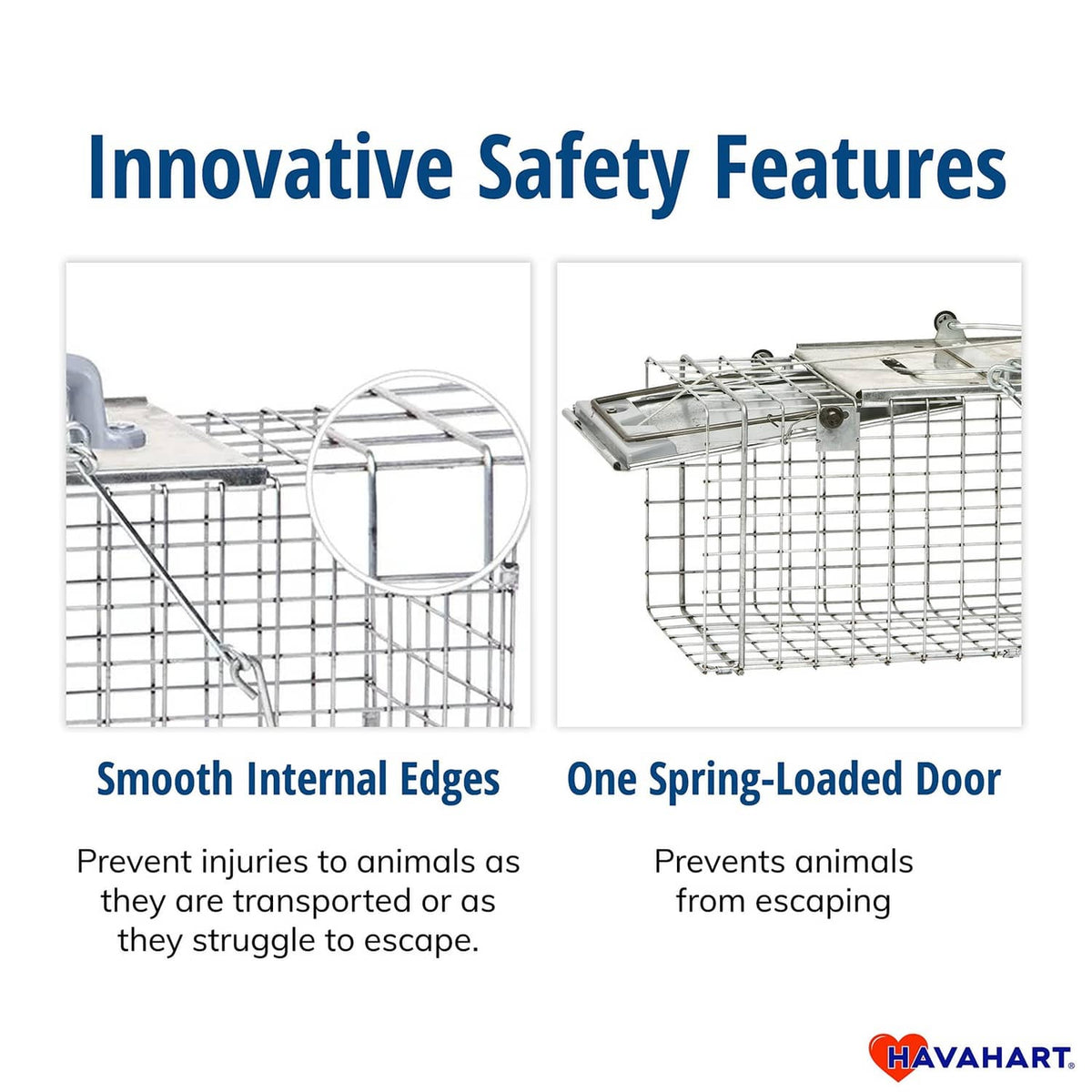 Havahart live trap safety features with smooth edges and spring-loaded door