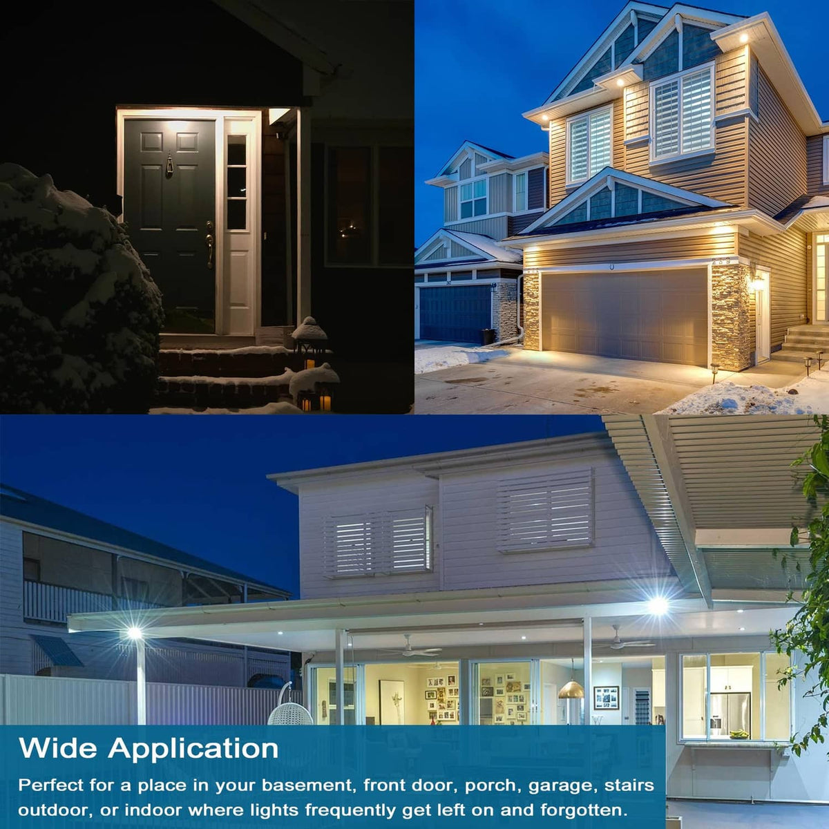 Outdoor motion sensor light bulbs illuminating a house entrance and driveway
