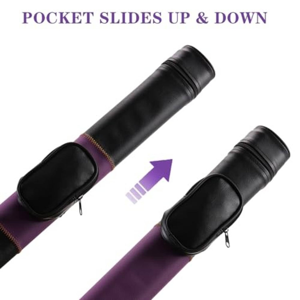 Purple cue hard case with black padded zipper pockets and sliding pouch closures