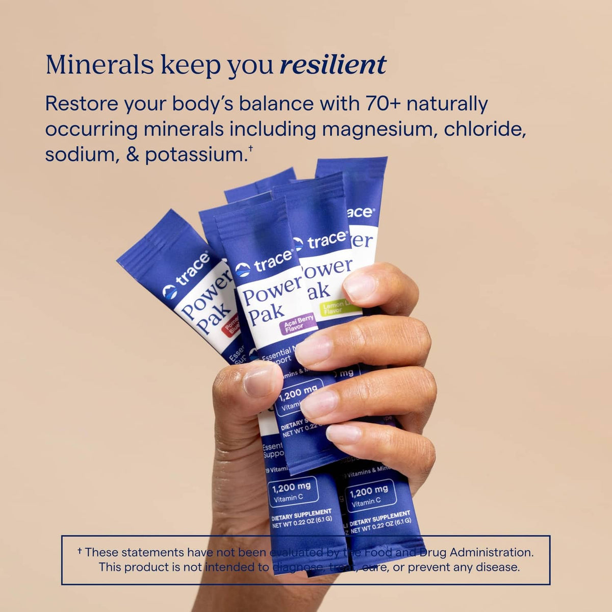Electrolyte powder packets, blue wrappers held in hand