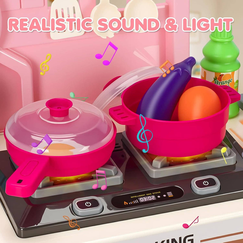 Pink kids kitchen playset stovetop with two pots and utensil accessories with sound and light features