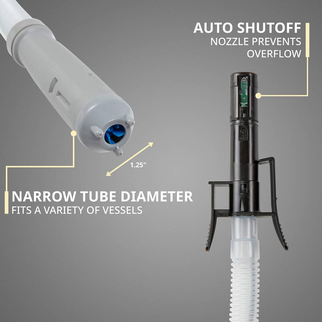 Fuel transfer pump nozzle with auto shutoff and narrow tube outlet