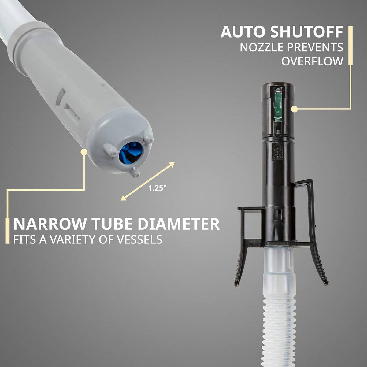 Fuel transfer pump nozzle with auto shutoff and narrow tube outlet