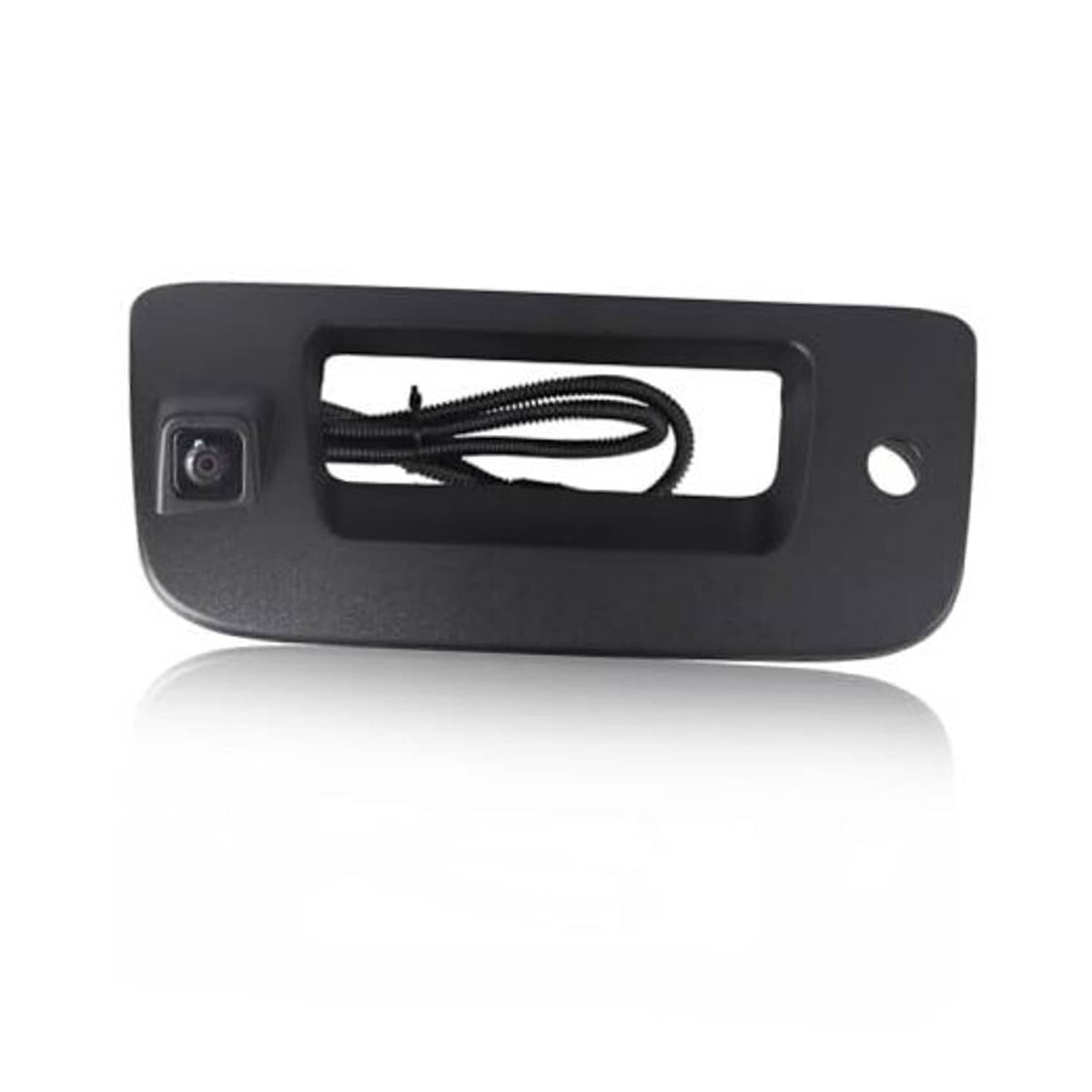 Black tailgate handle backup camera with square lens window and cable