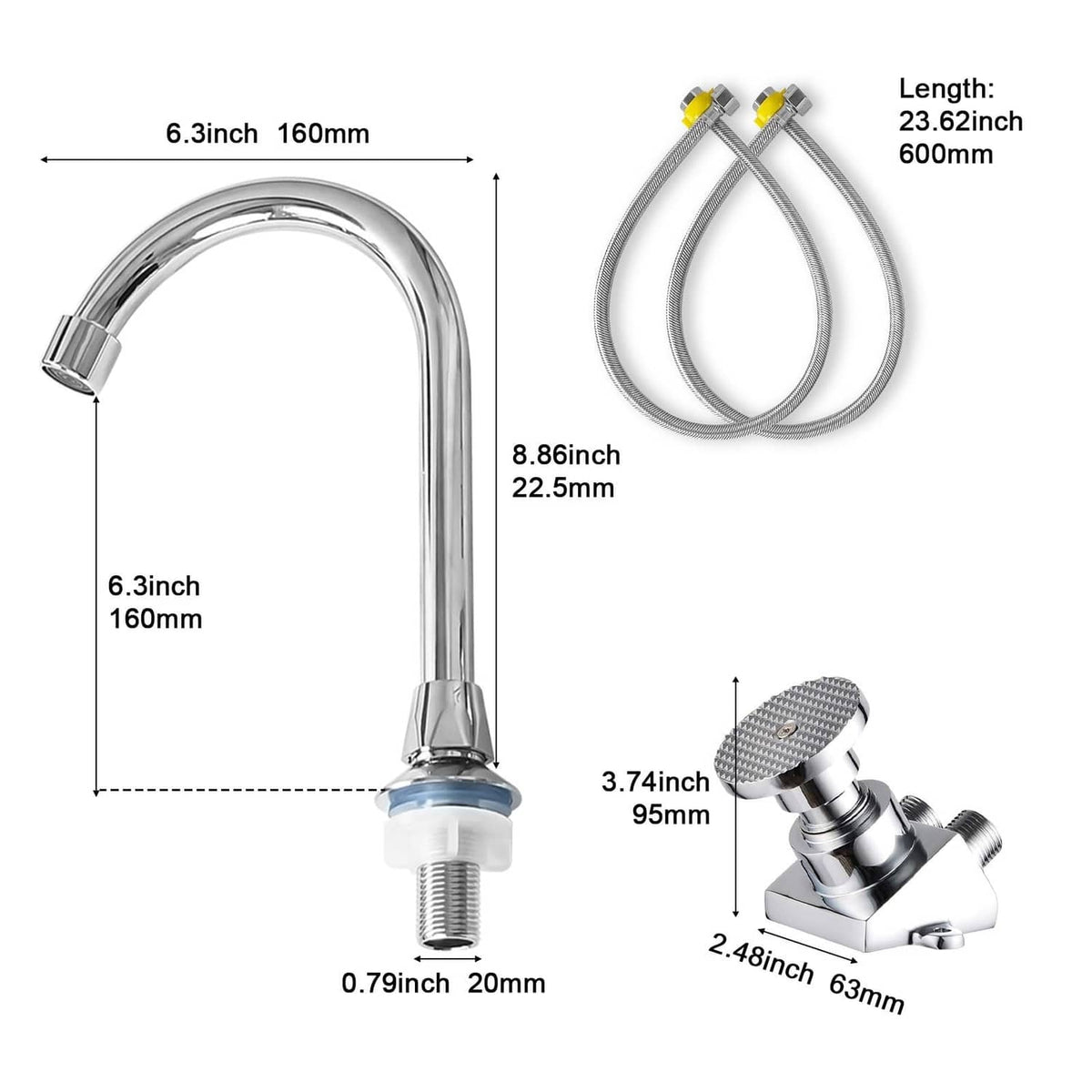 Faucet and foot pedal valve size diagram with chrome spout and braided hoses