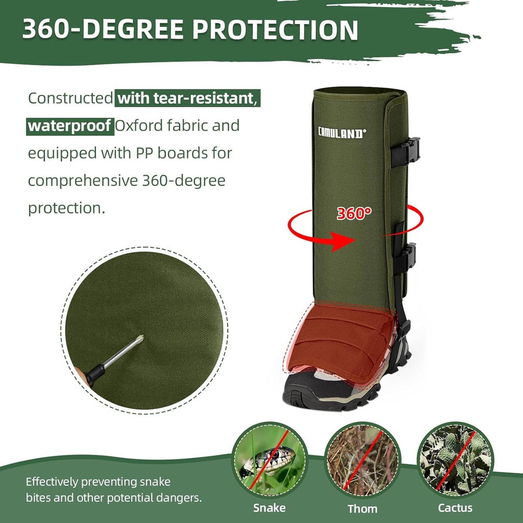 Green snake gaiters with side buckles and protective 360-degree coverage panel