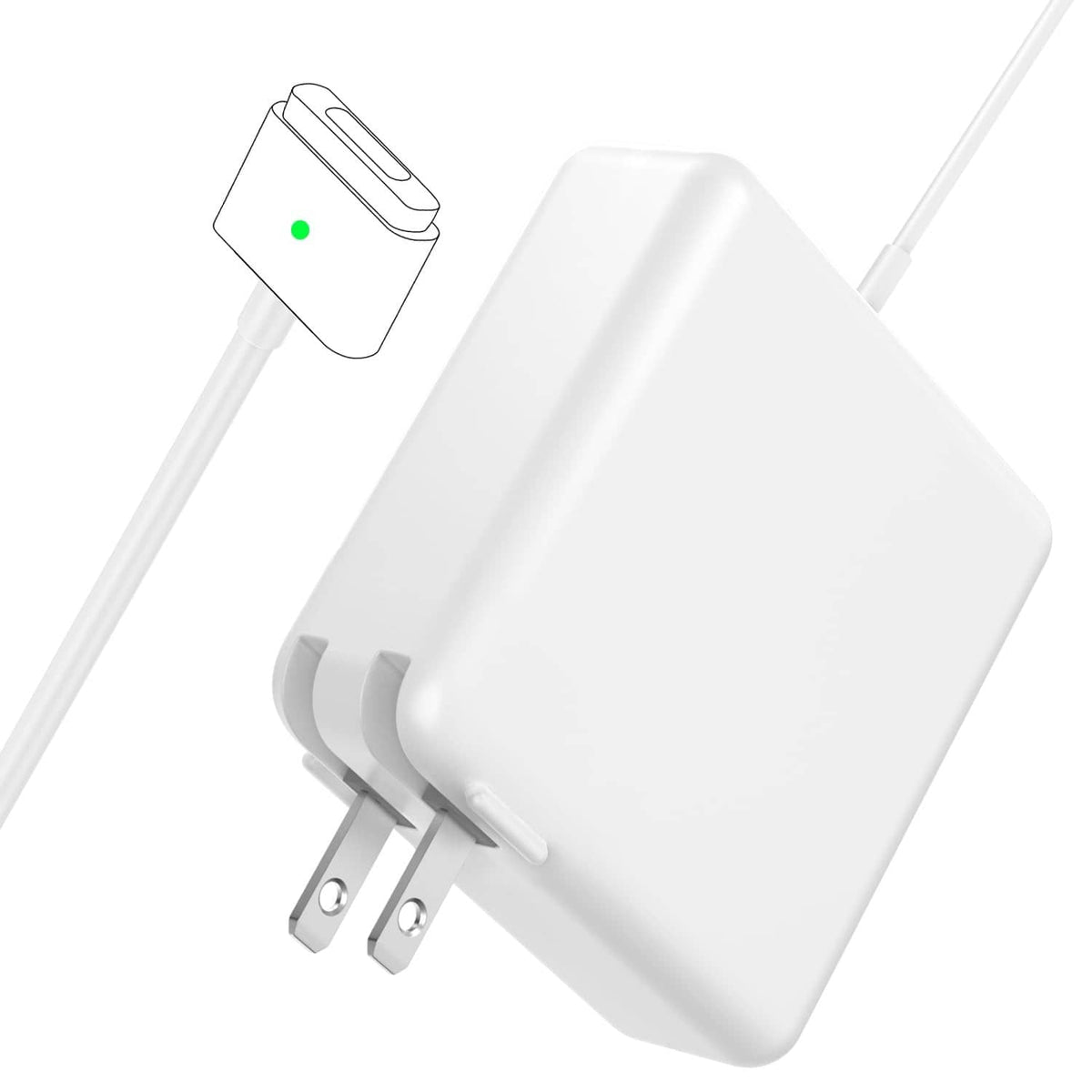 White 60W magnetic T-tip power adapter with two-prong plug and cable