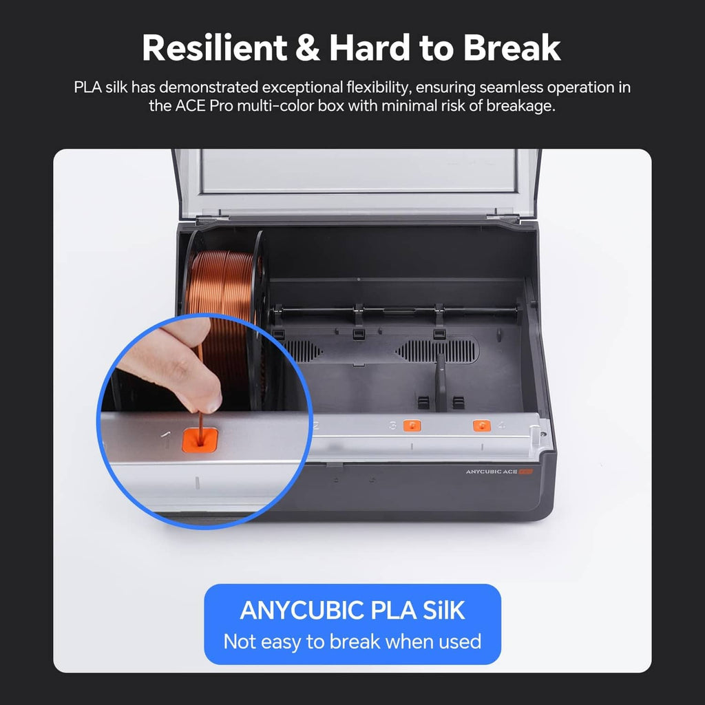 3D printer chamber with orange silk filament coil installed, resilient material example