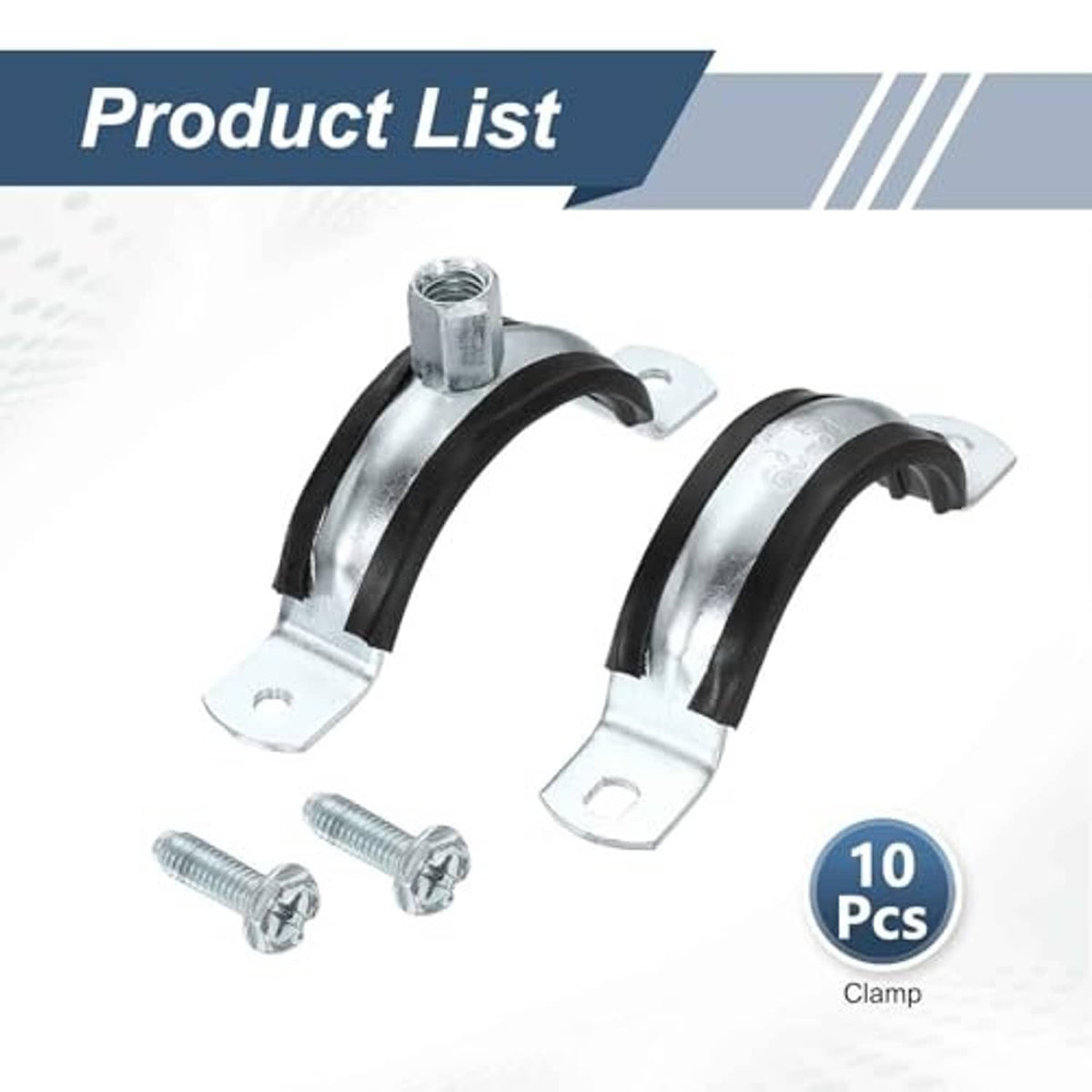 Galvanized steel split ring pipe hangers with black strap and mounting screws (2 pcs shown)