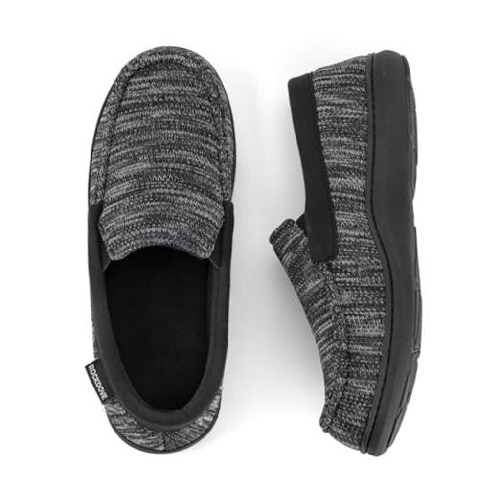 Men's tweed moc slippers, charcoal-black knit upper with memory-foam lining
