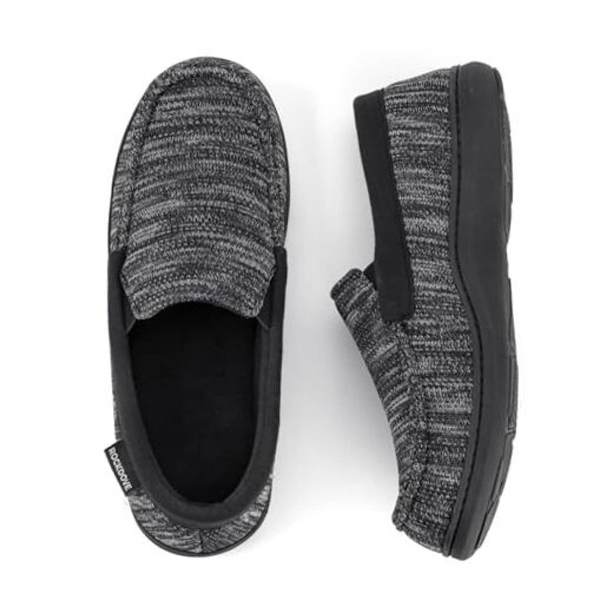 Men's tweed moc slippers, charcoal-black knit upper with memory-foam lining