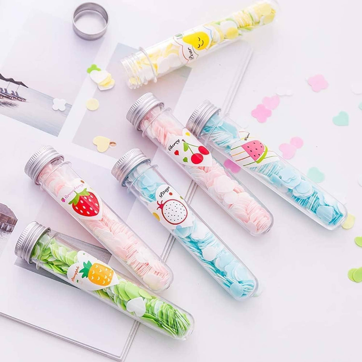 Set of portable soap confetti tubes in clear plastic, assorted fruit colors