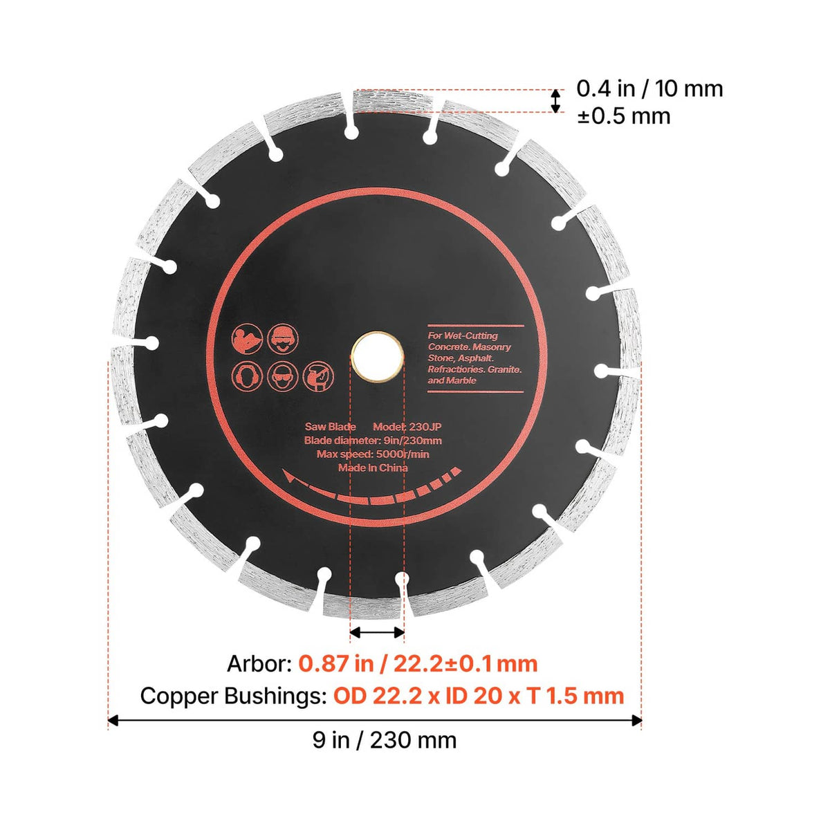 Single 9 in diamond blade with measurement callouts for arbor and tolerance