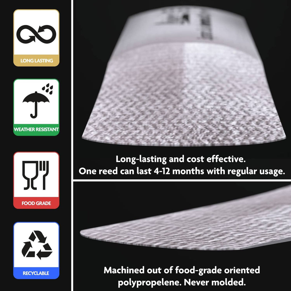 Synthetic saxophone reed close-up in packaging, with long-lasting icons