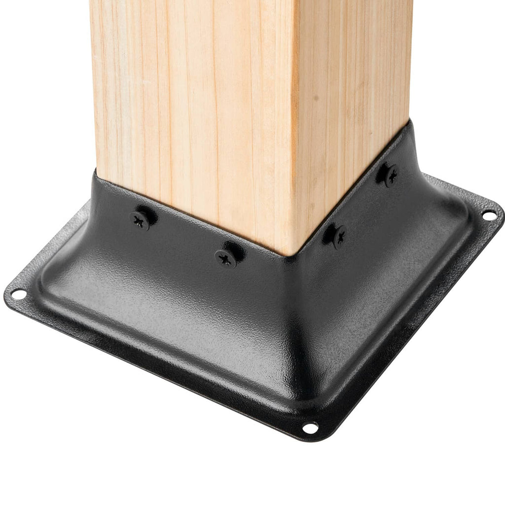 Black steel flanged wood post base bracket with screw heads on anchor plate
