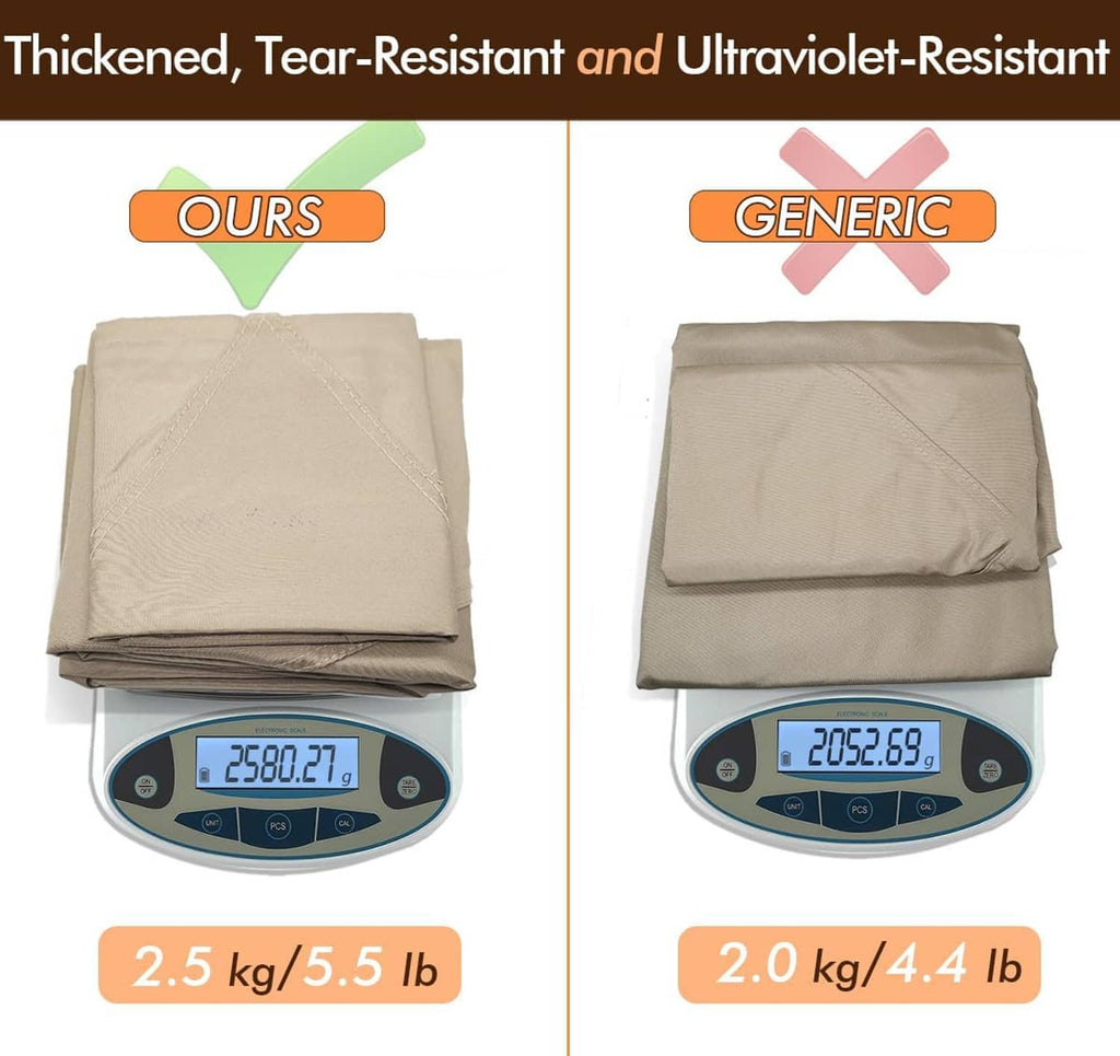 Beige tear-resistant, UV-resistant canopy cover with weight comparison