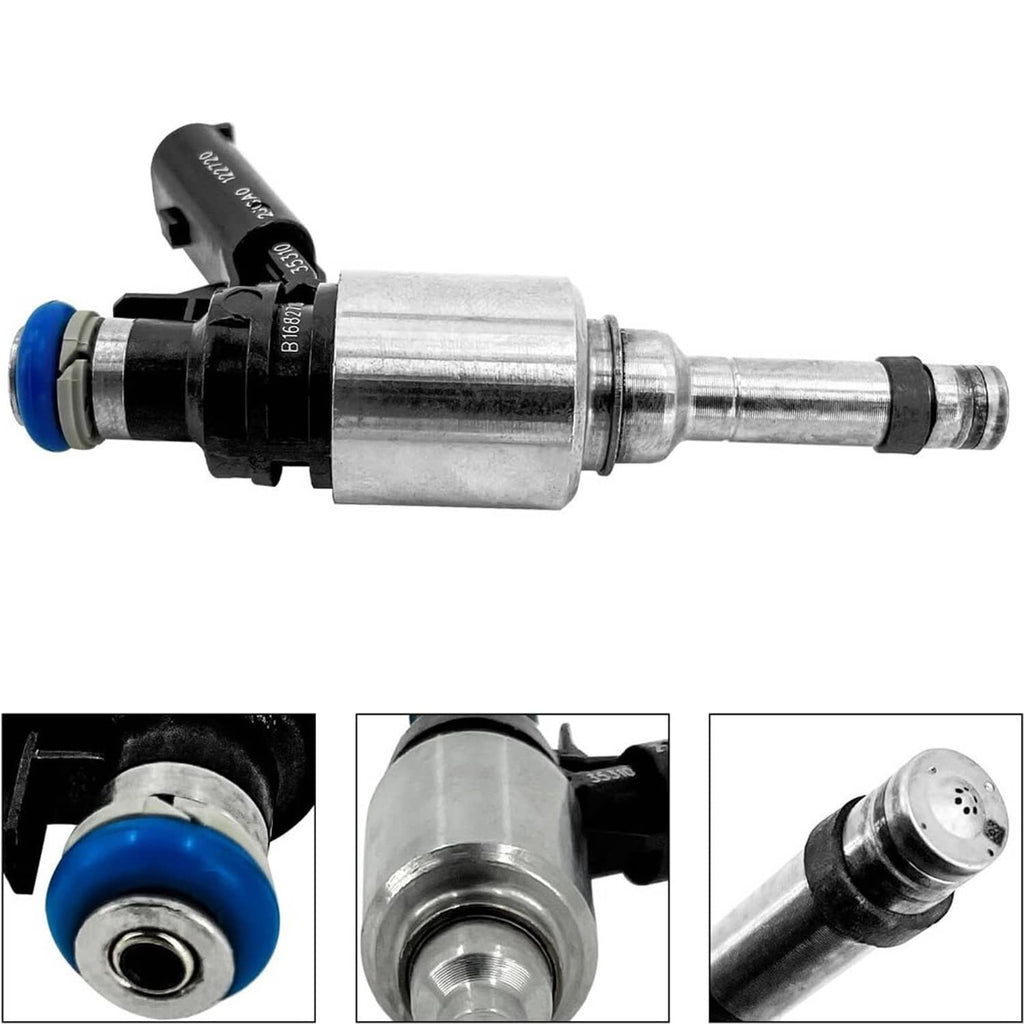 Fuel injector with blue seal, black connector, and silver nozzle tip in detail views.