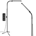 Black LED floor lamp with adjustable gooseneck, slim light bar, tripod stand and controller