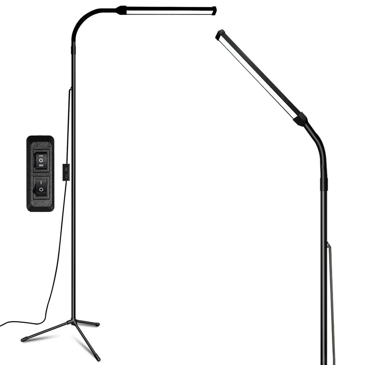 Black LED floor lamp with adjustable gooseneck, slim light bar, tripod stand and controller