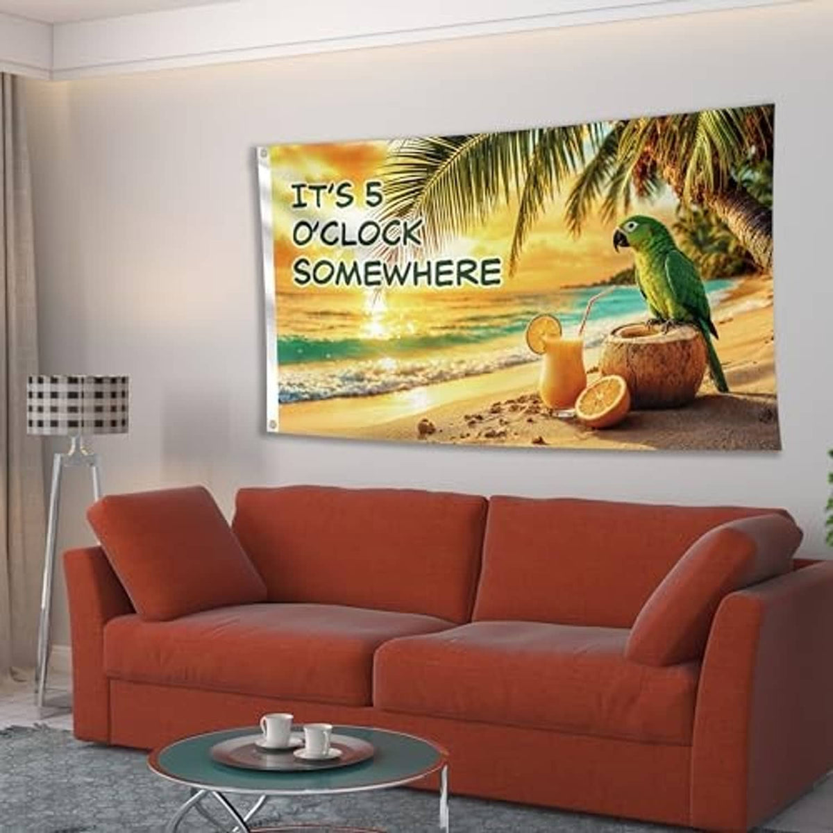 Parrot beach wall hanging flag with "It's 5 O'Clock Somewhere" text