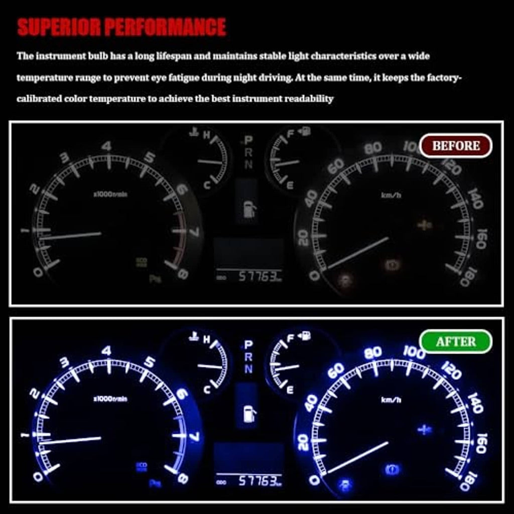 Instrument cluster dashboard showing dark gauges versus blue-lit gauges after install