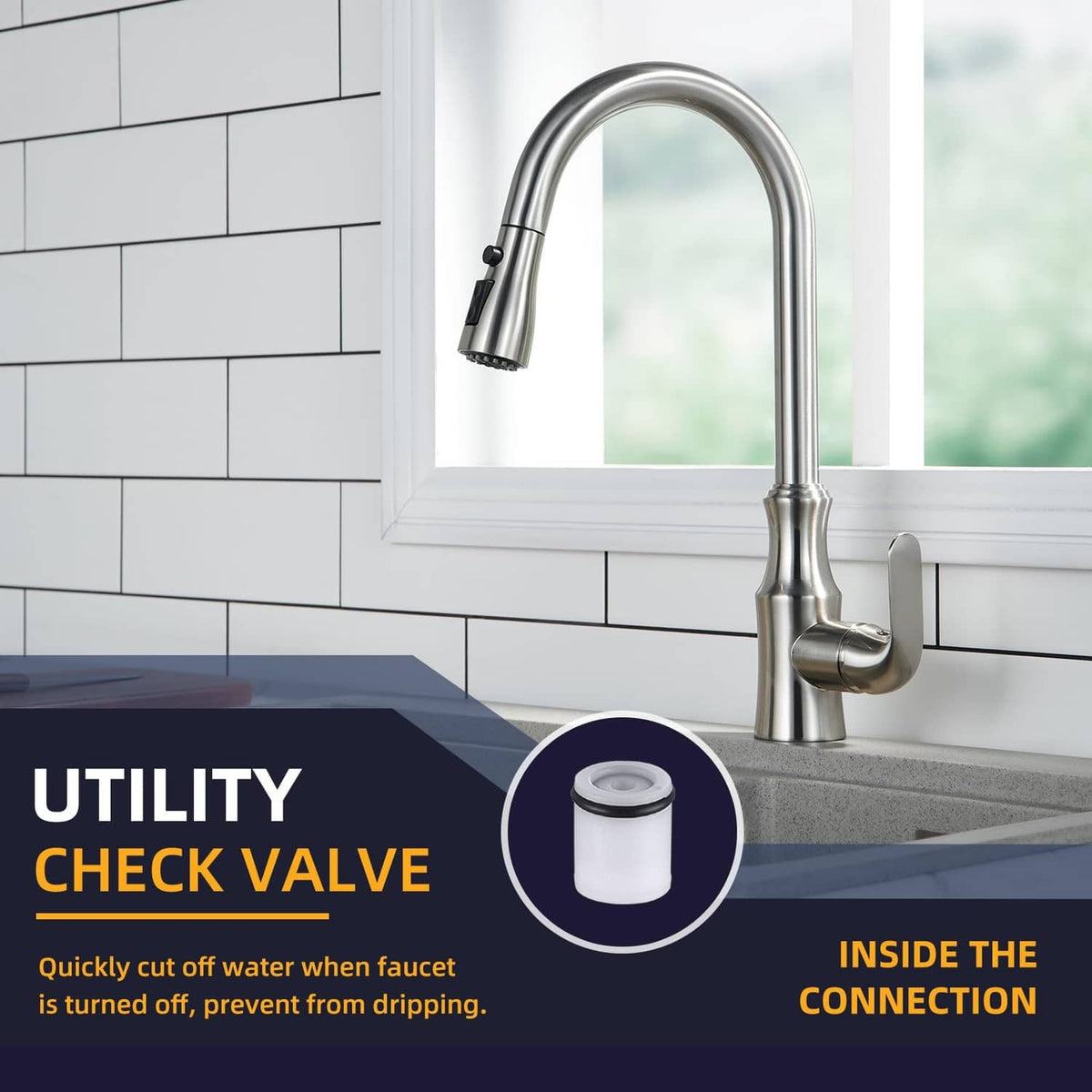 Brushed nickel kitchen faucet with flexible hose and angled spray head