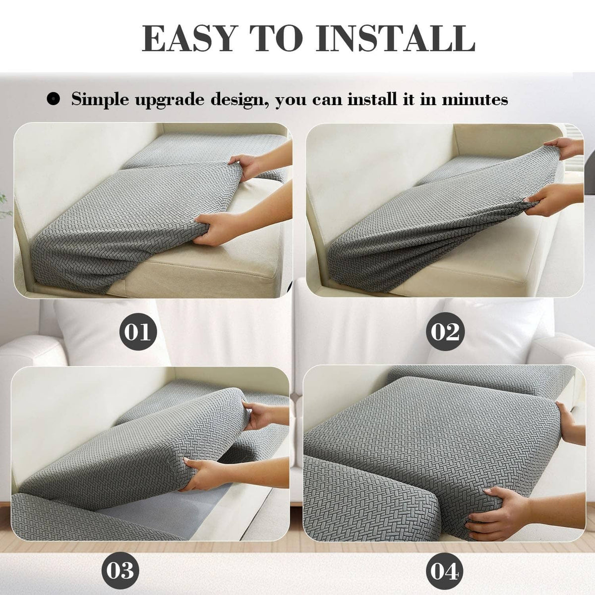 Couch cover install shown in step panels, fabric stretched over sofa back