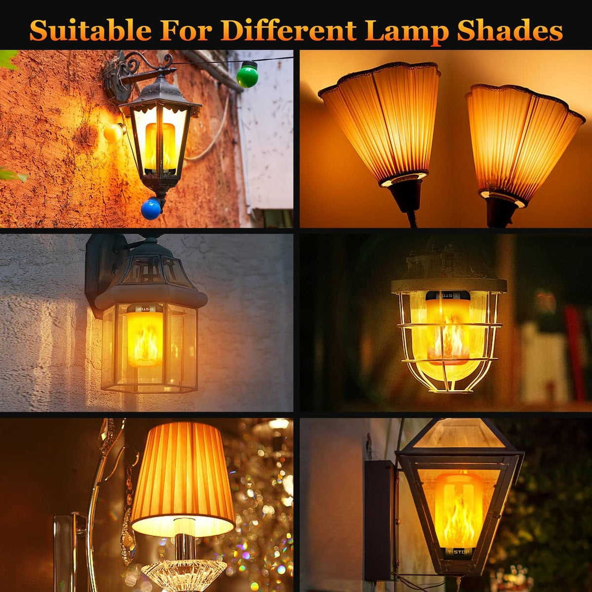 LED flame light bulbs compatible with different lamp shades, warm amber flame effect