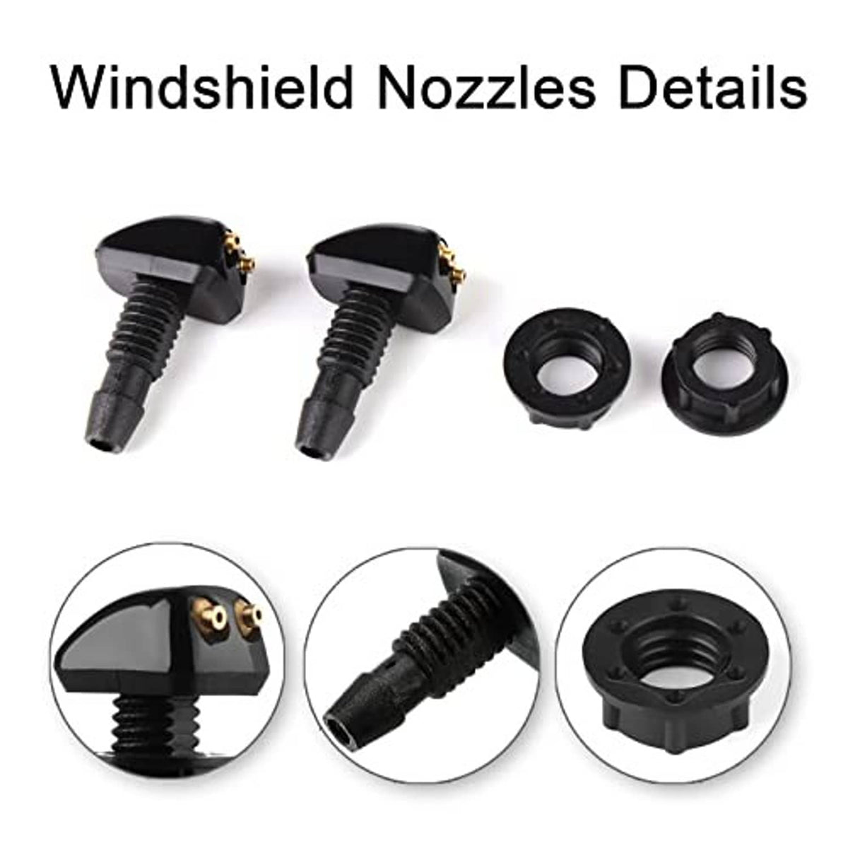 Windshield washer nozzle kit: two black nozzles with brass ports and two rubber caps
