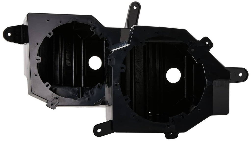 Black speaker pod housings with circular mounting openings and metal brackets