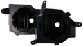 Black speaker pod housings with circular mounting openings and metal brackets