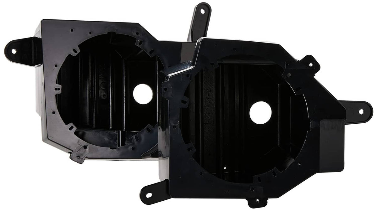 Black speaker pod housings with circular mounting openings and metal brackets