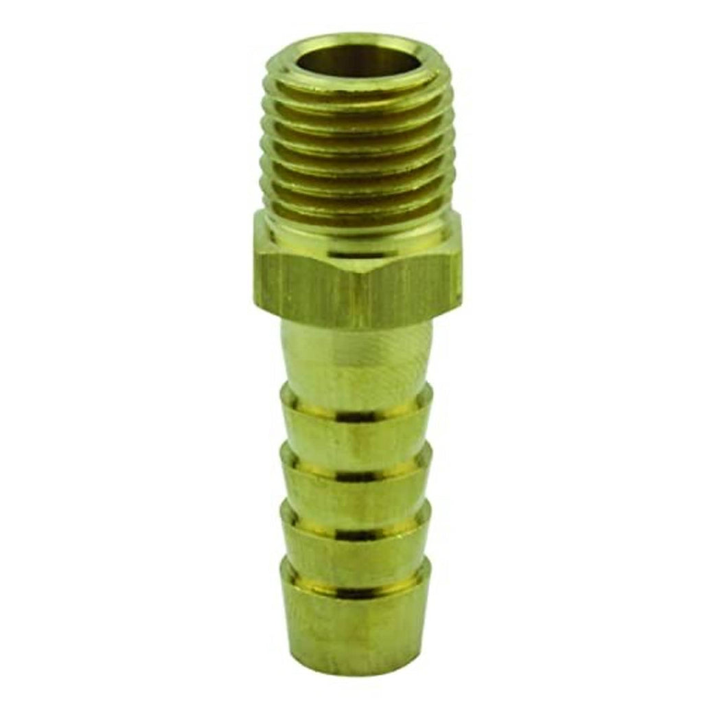Brass hose end fitting showing internal opening and male threads, olive green, 1/4" x 3/8"