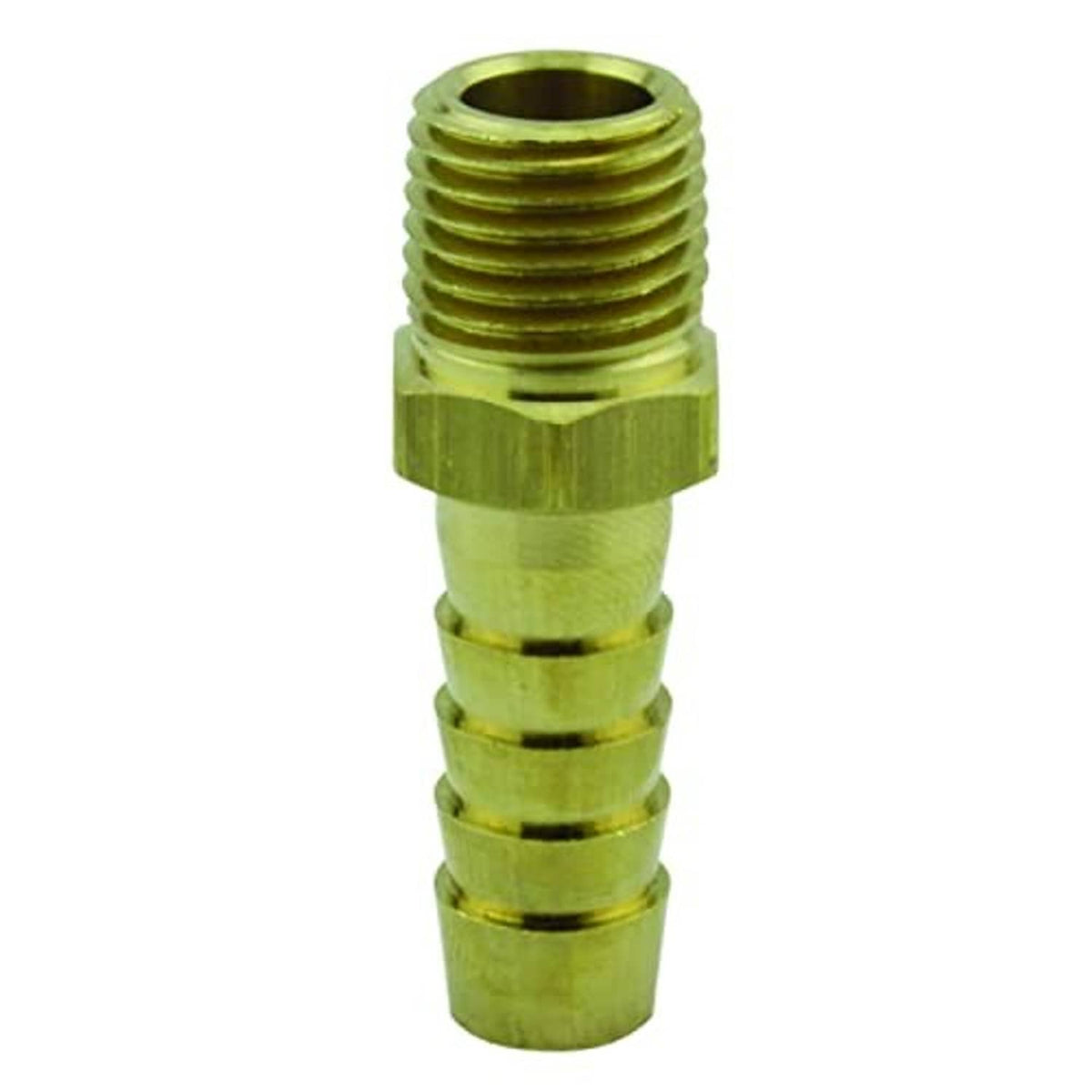 Brass hose end fitting showing internal opening and male threads, olive green, 1/4" x 3/8"