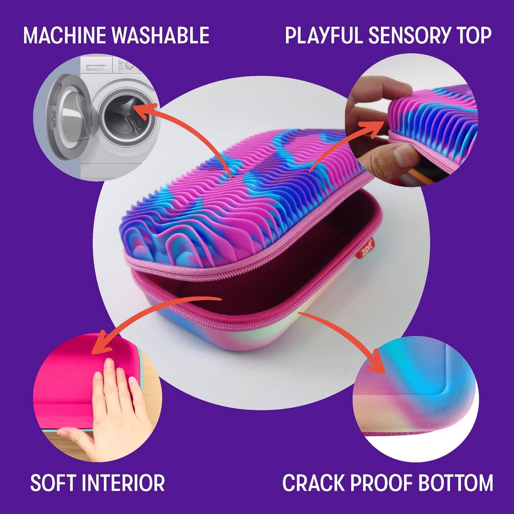 Open wavy silicone pencil case with pink zipper and ridged purple-blue top