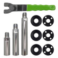 Angle grinder extension shaft kit with green grip, silver shafts, and black adapter rings