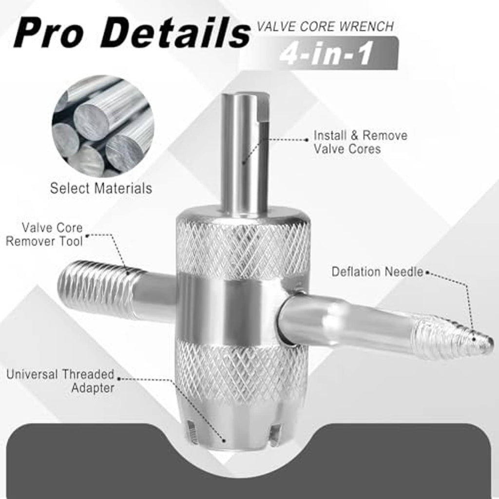 Silver 4-in-1 valve core wrench with install and deflation needle attachments