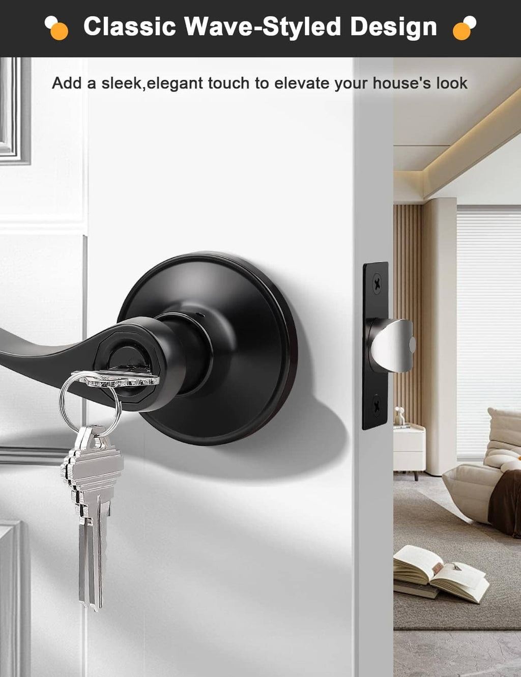 Matte black keyed door lever on door face with set of keys