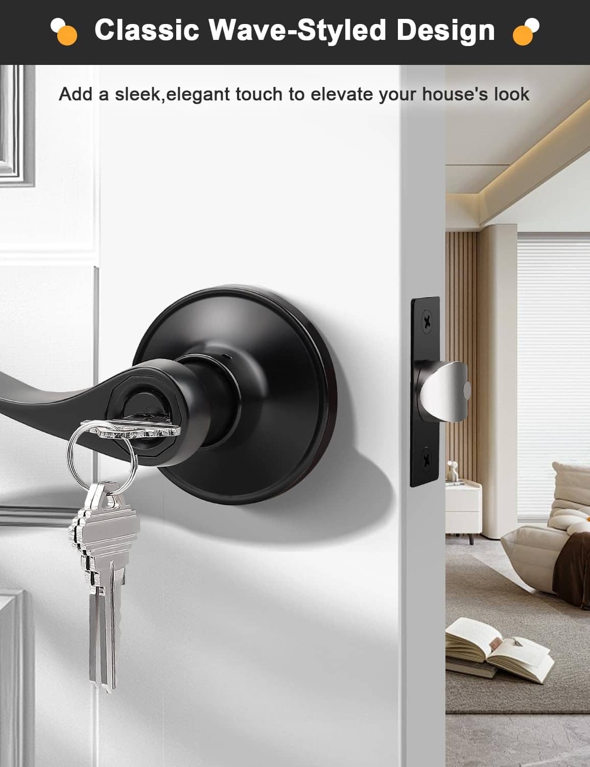 Matte black keyed door lever on door face with set of keys